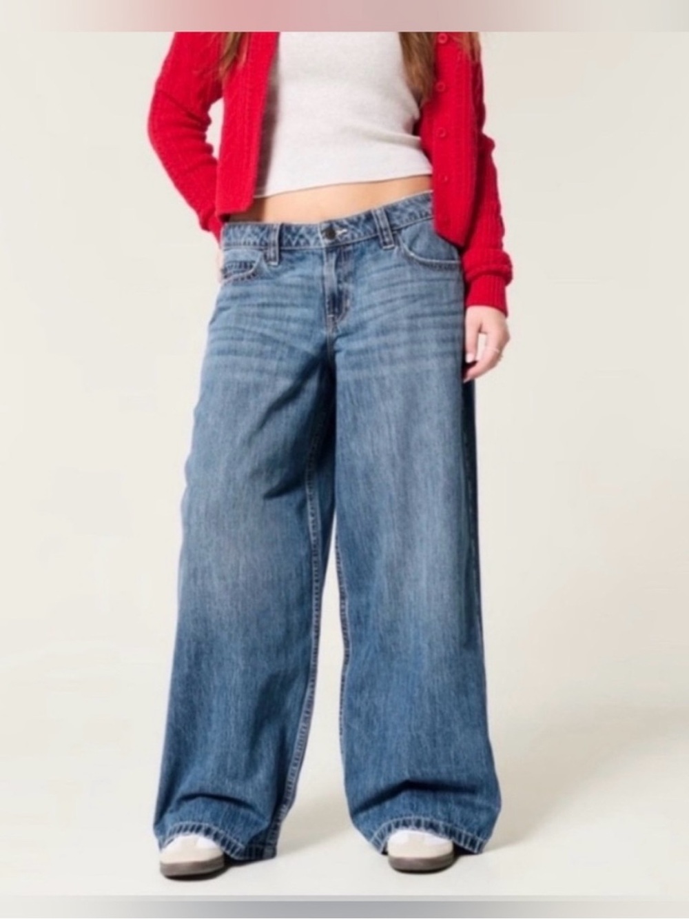 Hollister Super Baggy Low-Rise Wide Leg Jeans with Red Cherry Embroidery